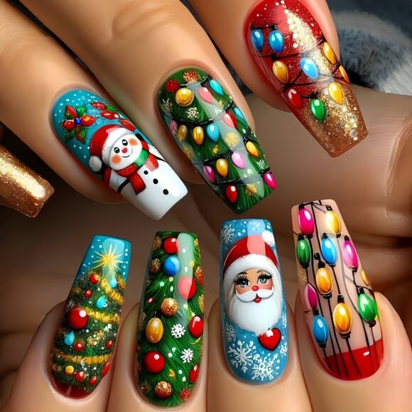 24pcs Festive Christmas Press-On Nails Set, Medium Length Ballet Shape with Sant - Picture 1 of 5